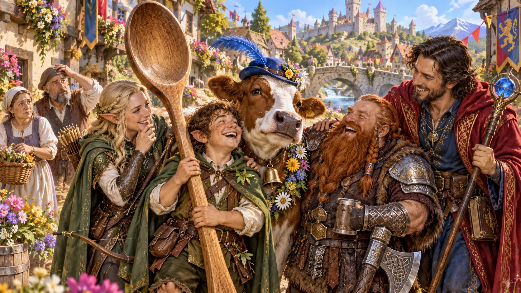 Fantasy adventurers laugh together beside a cow wearing a feathered hat and a companion holding a large wooden spoon.