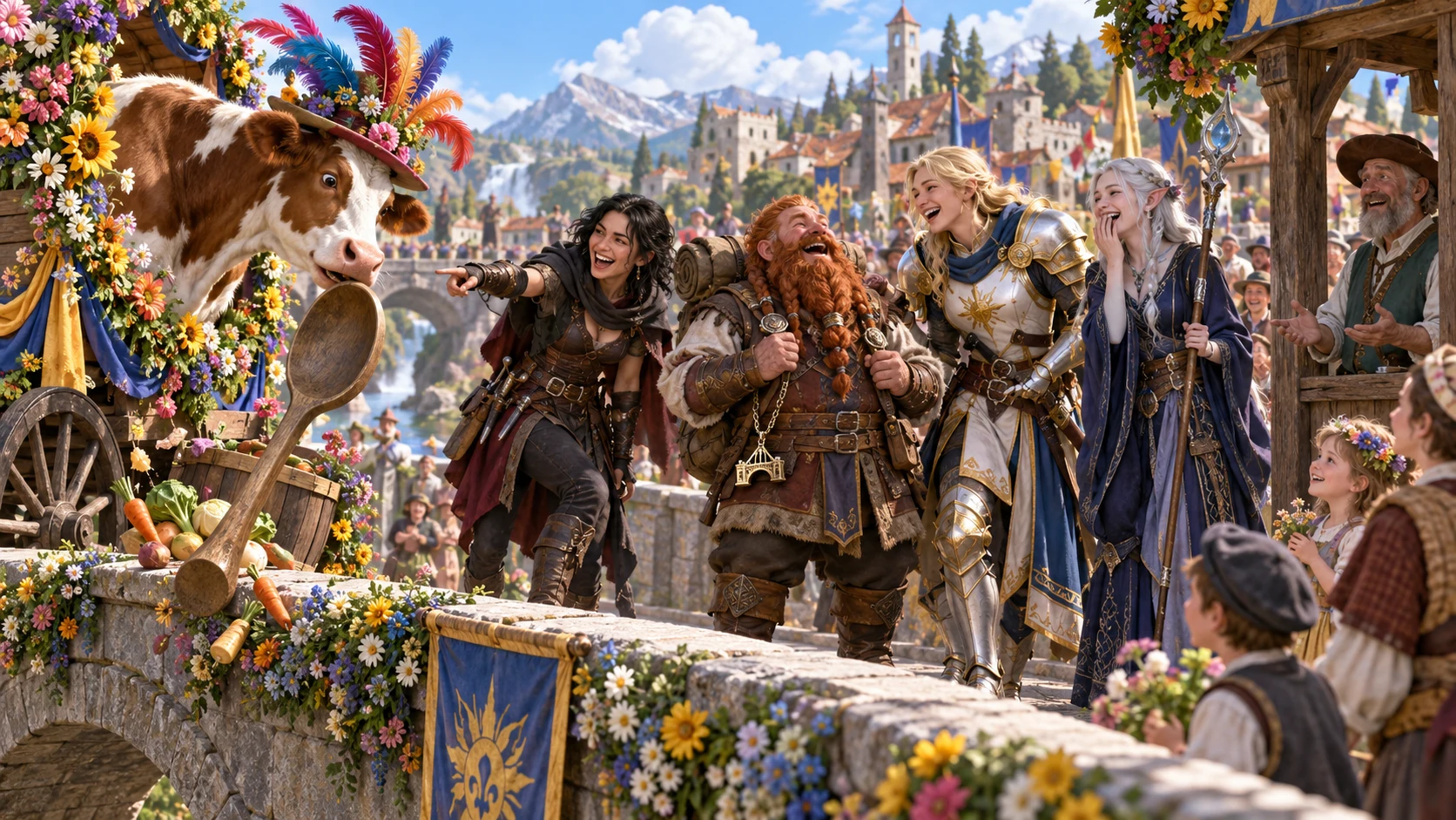 A fantasy party shares laughter as a feather-hatted cow with a spoon appears at a colourful bridge parade.